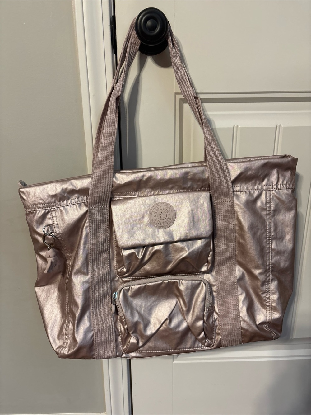 KIPLING Pink Rose Gold Metallic Shoulder Travel Tote + Monkey Charm